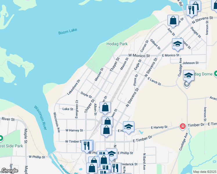 map of restaurants, bars, coffee shops, grocery stores, and more near 823 Mason Street in Rhinelander