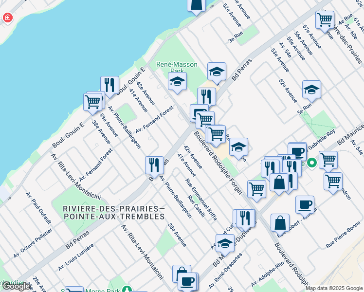 map of restaurants, bars, coffee shops, grocery stores, and more near 12450 42e Avenue in Montréal