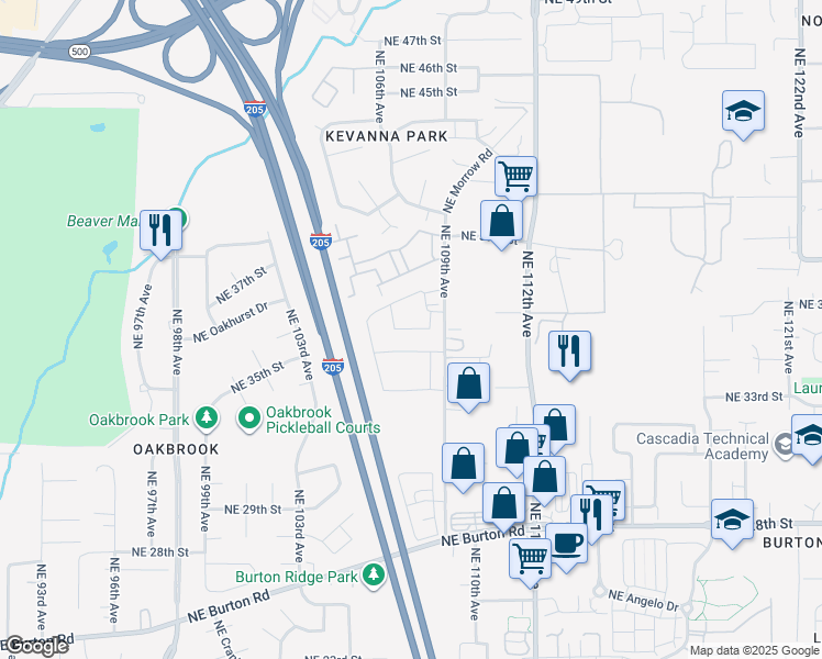 map of restaurants, bars, coffee shops, grocery stores, and more near Northeast 109th Loop in Vancouver