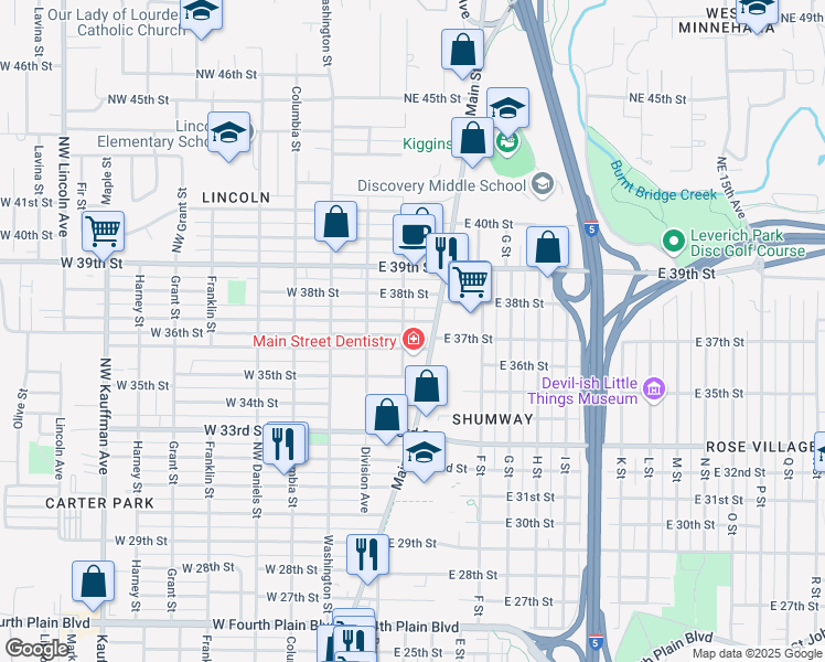 map of restaurants, bars, coffee shops, grocery stores, and more near 3600 Main Street in Vancouver