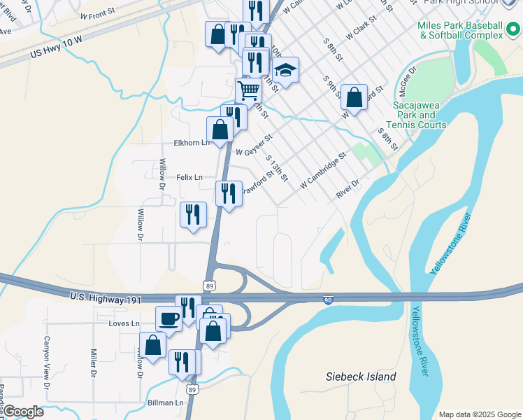 map of restaurants, bars, coffee shops, grocery stores, and more near 604 Meadowlark Lane in Livingston