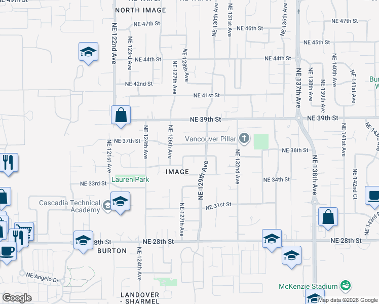 map of restaurants, bars, coffee shops, grocery stores, and more near 12712 Northeast 36th Street in Vancouver