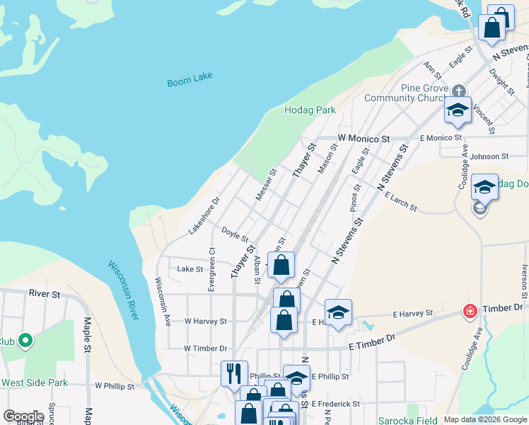 map of restaurants, bars, coffee shops, grocery stores, and more near 807 Thayer Street in Rhinelander
