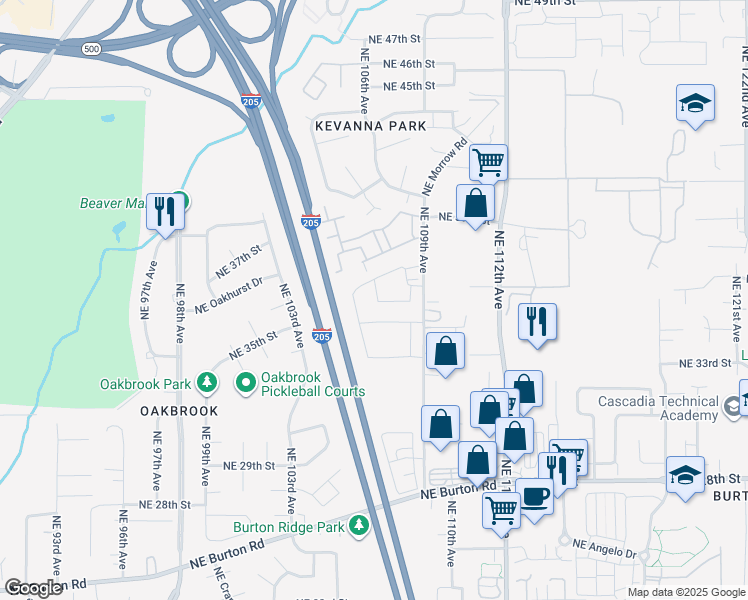 map of restaurants, bars, coffee shops, grocery stores, and more near 3708 Northeast 109th Avenue in Vancouver
