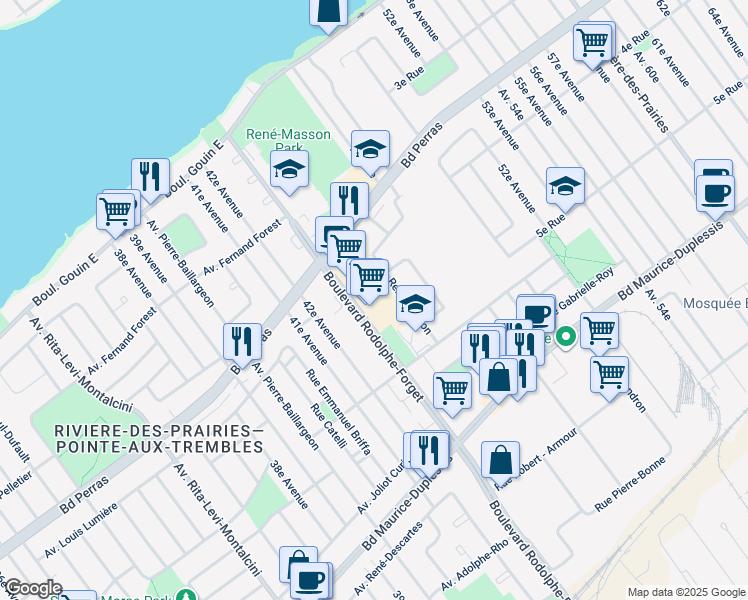 map of restaurants, bars, coffee shops, grocery stores, and more near 9183 Boulevard Perras in Montréal