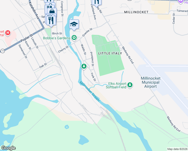 map of restaurants, bars, coffee shops, grocery stores, and more near 25 York Street in Millinocket
