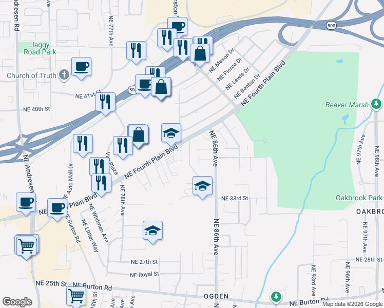 map of restaurants, bars, coffee shops, grocery stores, and more near 3607 Northeast 83rd Avenue in Vancouver