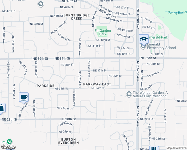 map of restaurants, bars, coffee shops, grocery stores, and more near 3513 Northeast 154th Avenue in Vancouver