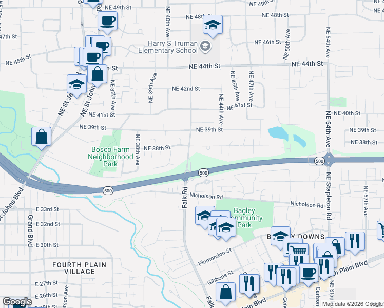 map of restaurants, bars, coffee shops, grocery stores, and more near Falk Road in Vancouver