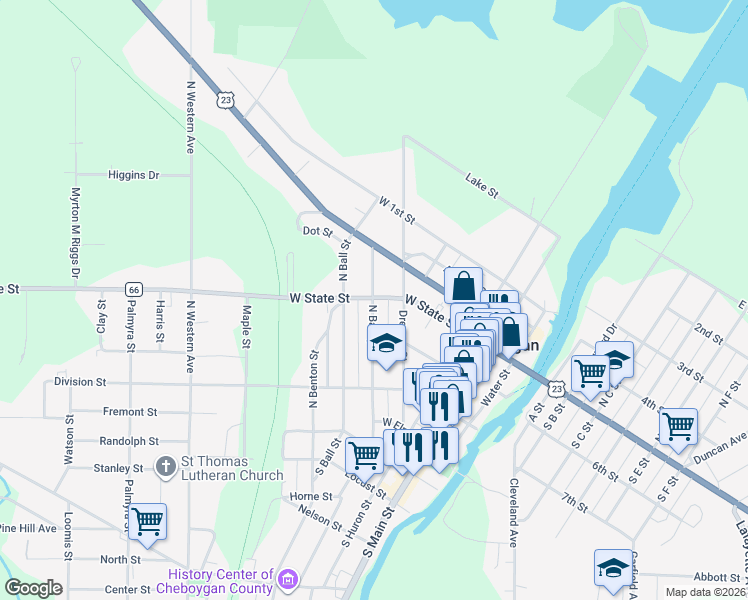 map of restaurants, bars, coffee shops, grocery stores, and more near 499 N Bailey St in Cheboygan