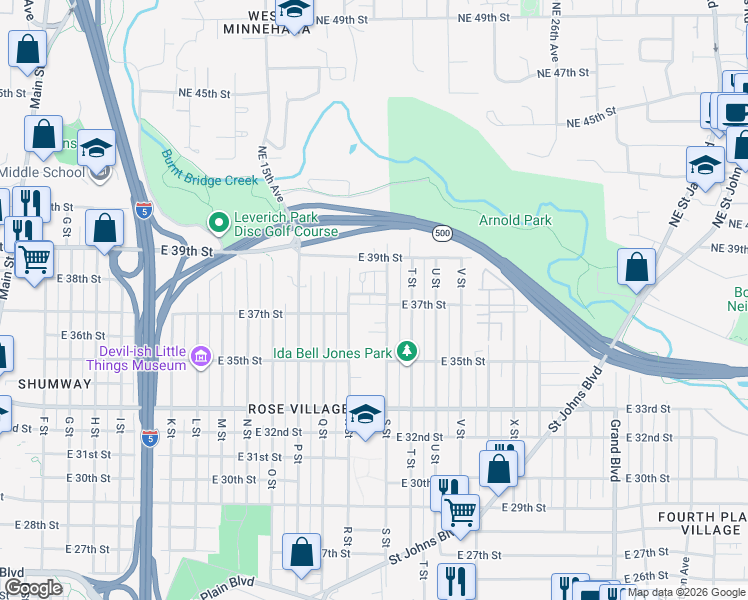 map of restaurants, bars, coffee shops, grocery stores, and more near 3614 S Street in Vancouver