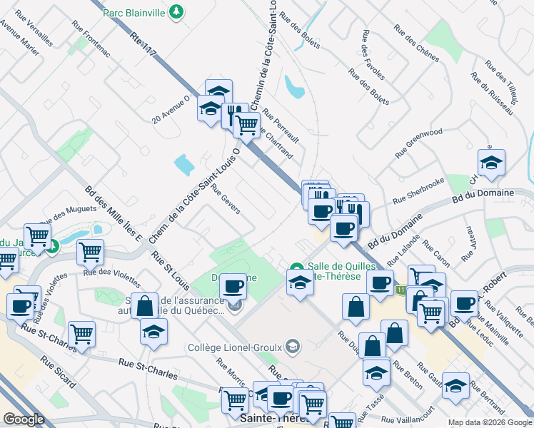 map of restaurants, bars, coffee shops, grocery stores, and more near 23 Rue Côté in Blainville