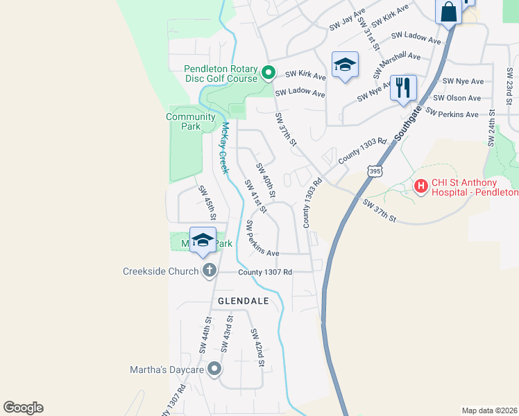 map of restaurants, bars, coffee shops, grocery stores, and more near 4197 Southwest Perkins Avenue in Pendleton