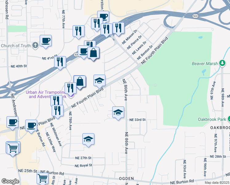 map of restaurants, bars, coffee shops, grocery stores, and more near 8415 Northeast 37th Circle in Vancouver