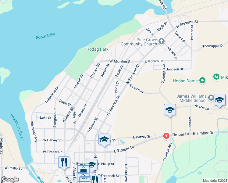 map of restaurants, bars, coffee shops, grocery stores, and more near 845 North Stevens Street in Rhinelander