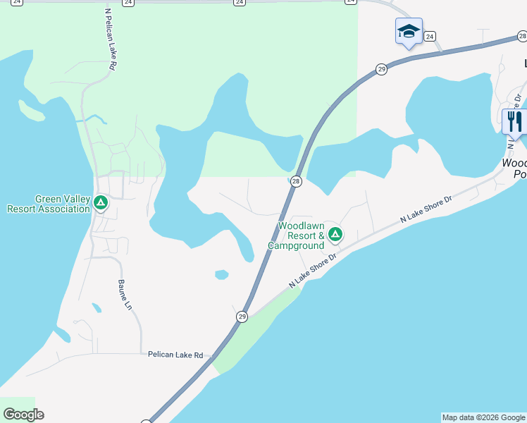 map of restaurants, bars, coffee shops, grocery stores, and more near 24234 Minnesota 28 in Long Beach