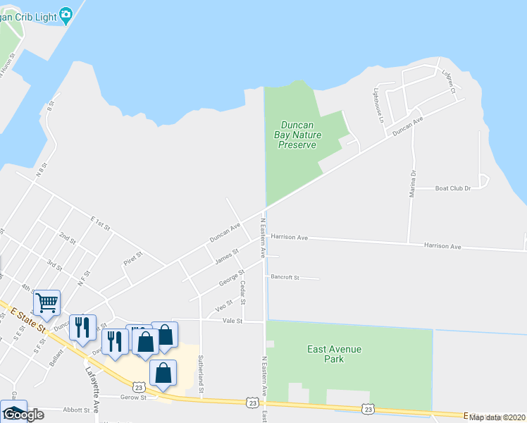 map of restaurants, bars, coffee shops, grocery stores, and more near 798 North Eastern Avenue in Cheboygan