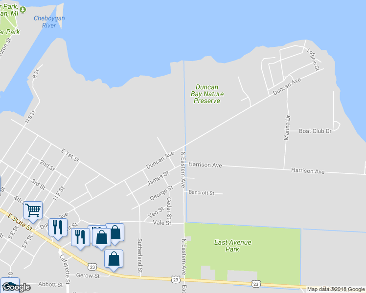 map of restaurants, bars, coffee shops, grocery stores, and more near Duncan Avenue in Cheboygan