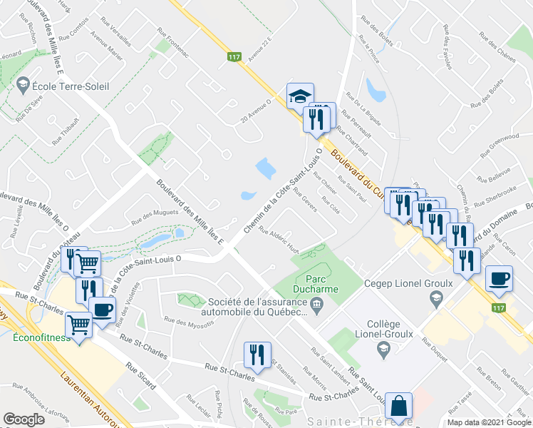 map of restaurants, bars, coffee shops, grocery stores, and more near 93 Chemin de la Côte-Saint-Louis O in Sainte-Thérèse
