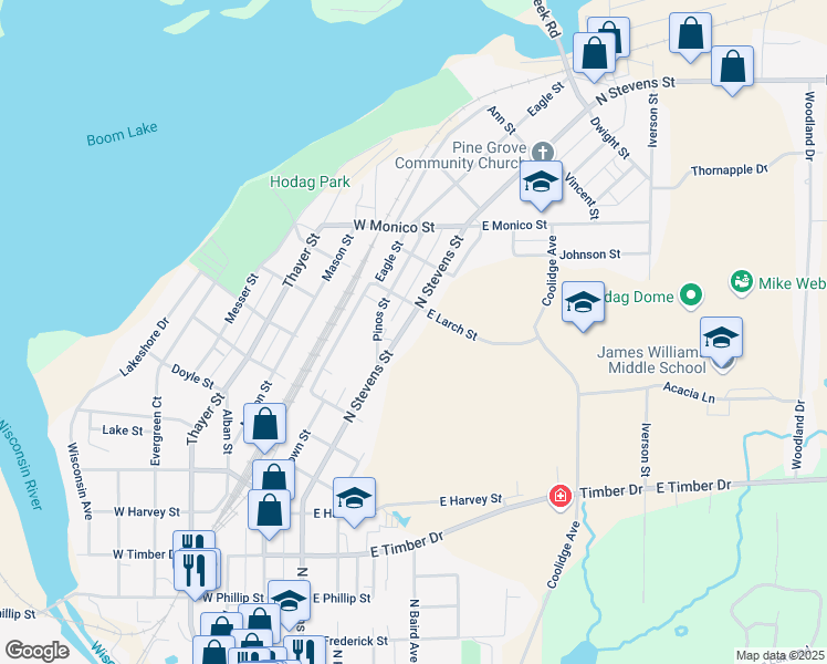 map of restaurants, bars, coffee shops, grocery stores, and more near 924 North Stevens Street in Rhinelander