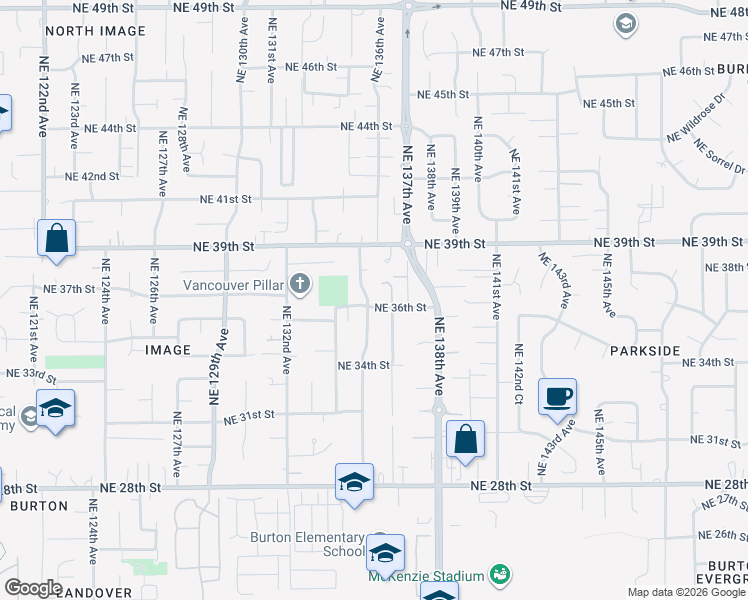 map of restaurants, bars, coffee shops, grocery stores, and more near 3605 Northeast 135th Avenue in Vancouver