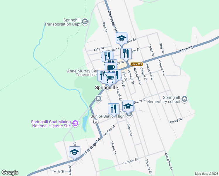 map of restaurants, bars, coffee shops, grocery stores, and more near 15 Main Street in Springhill