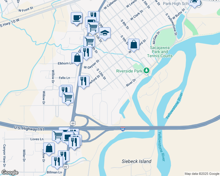 map of restaurants, bars, coffee shops, grocery stores, and more near 616 South 13th Street in Livingston