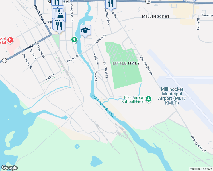 map of restaurants, bars, coffee shops, grocery stores, and more near 25 York Street in Millinocket