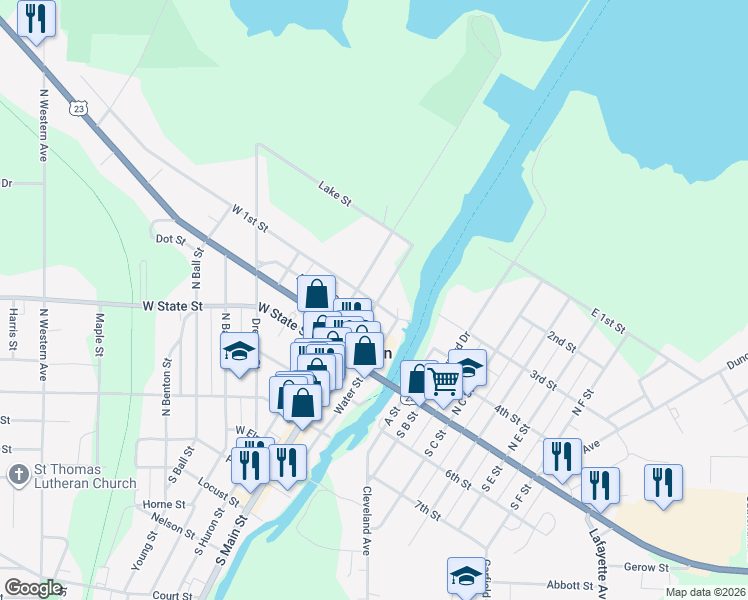 map of restaurants, bars, coffee shops, grocery stores, and more near 201-629 North Main Street in Cheboygan