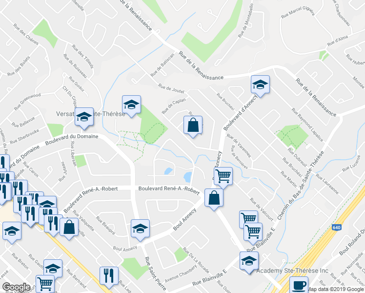 map of restaurants, bars, coffee shops, grocery stores, and more near 448 Rue Jacques-Lavigne in Blainville