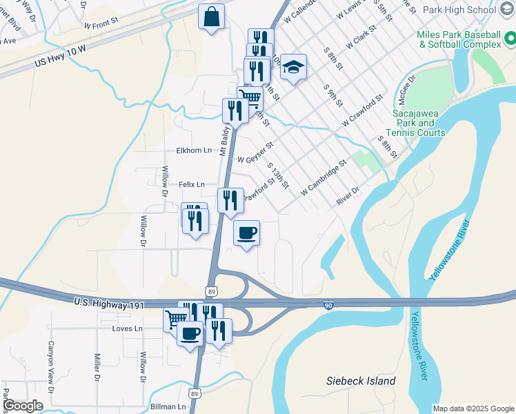 map of restaurants, bars, coffee shops, grocery stores, and more near 604 Meadowlark Lane in Livingston