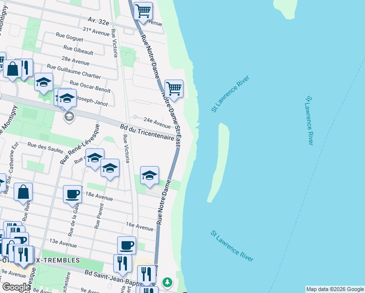 map of restaurants, bars, coffee shops, grocery stores, and more near 12702 Rue Notre-Dame Est in Montréal