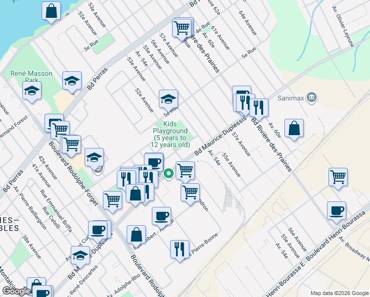 map of restaurants, bars, coffee shops, grocery stores, and more near 9324 Rue Gabrielle-Roy in Montréal