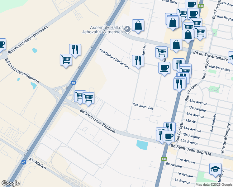 map of restaurants, bars, coffee shops, grocery stores, and more near 12225 Boulevard Industriel in Montréal