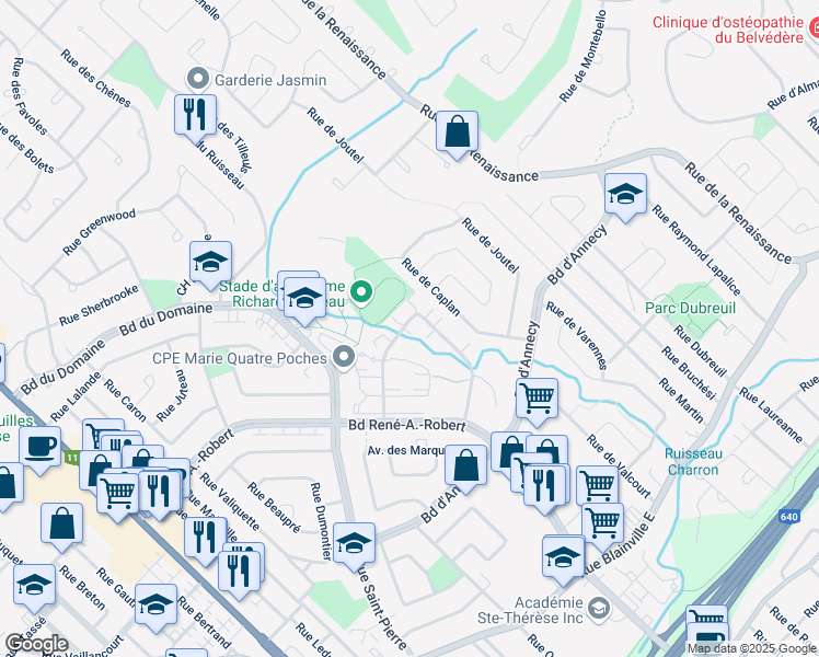 map of restaurants, bars, coffee shops, grocery stores, and more near 501 Rue Jacques Lavigne in Blainville