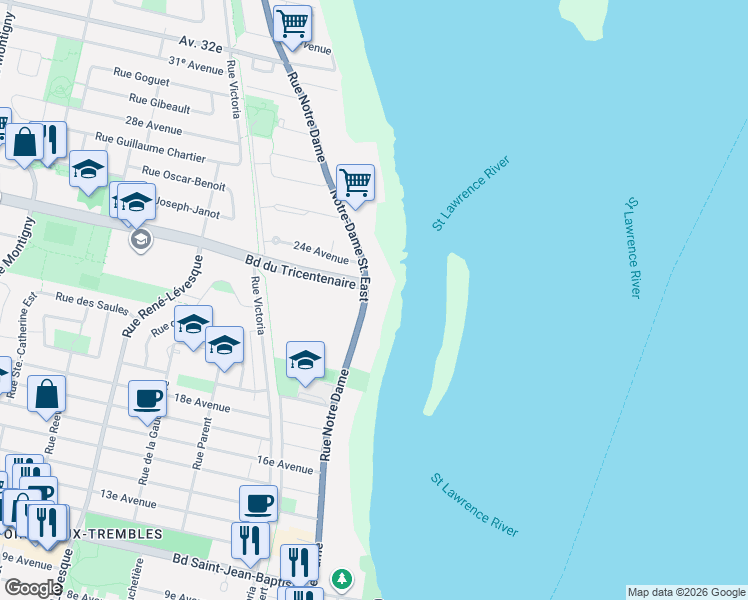 map of restaurants, bars, coffee shops, grocery stores, and more near 12702 Rue Notre-Dame Est in Montréal