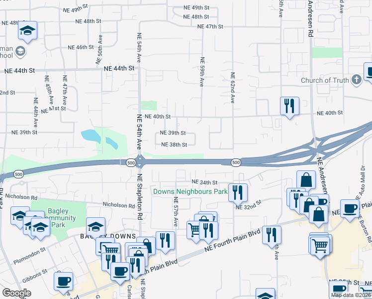 map of restaurants, bars, coffee shops, grocery stores, and more near 5901 Northeast 38th Street in Vancouver
