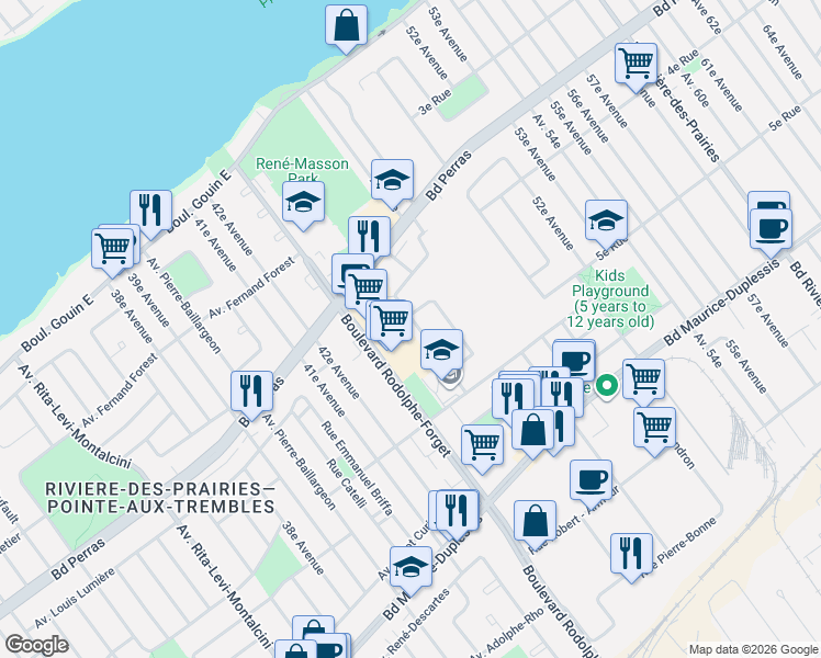 map of restaurants, bars, coffee shops, grocery stores, and more near 12346 Avenue René Masson in Montréal