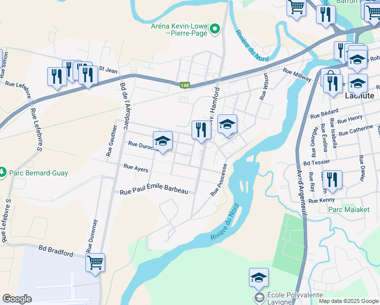 map of restaurants, bars, coffee shops, grocery stores, and more near 192 Rue Lavigueur in Lachute