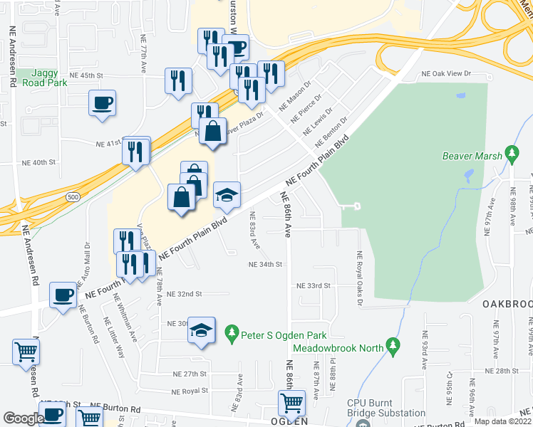 map of restaurants, bars, coffee shops, grocery stores, and more near 8418 Northeast 37th Circle in Vancouver
