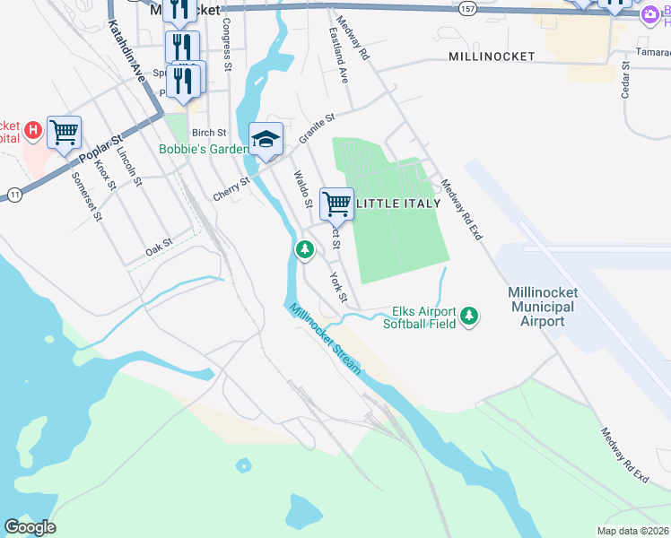 map of restaurants, bars, coffee shops, grocery stores, and more near 25 York Street in Millinocket