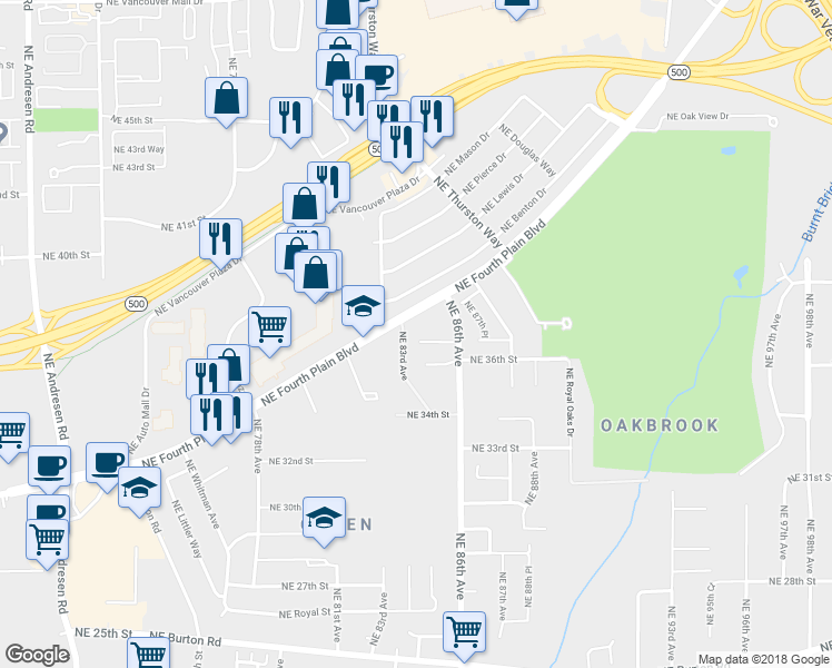 map of restaurants, bars, coffee shops, grocery stores, and more near 8408 Northeast 37th Circle in Vancouver
