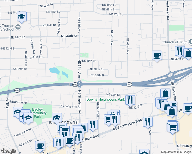 map of restaurants, bars, coffee shops, grocery stores, and more near 5611 Northeast 38th Street in Vancouver