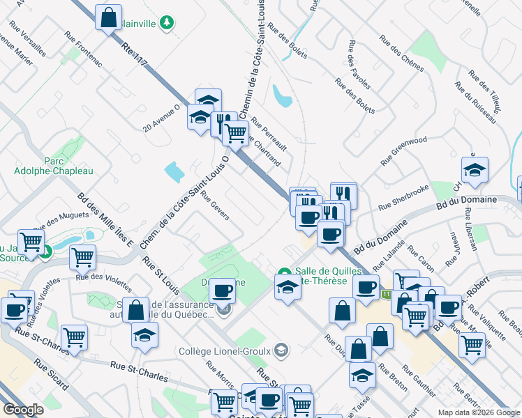 map of restaurants, bars, coffee shops, grocery stores, and more near 24 Rue Chénier in Blainville
