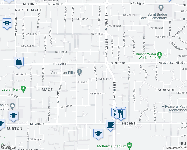 map of restaurants, bars, coffee shops, grocery stores, and more near 3614 Northeast 135th Avenue in Vancouver