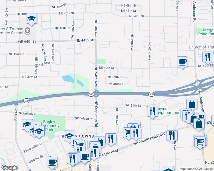 map of restaurants, bars, coffee shops, grocery stores, and more near 5601 Northeast 39th Street in Vancouver