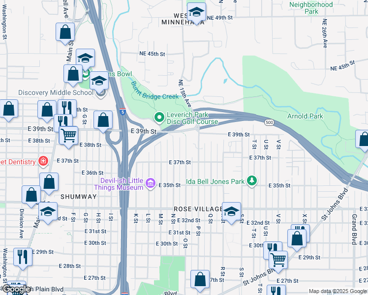 map of restaurants, bars, coffee shops, grocery stores, and more near 3814 O Street in Vancouver