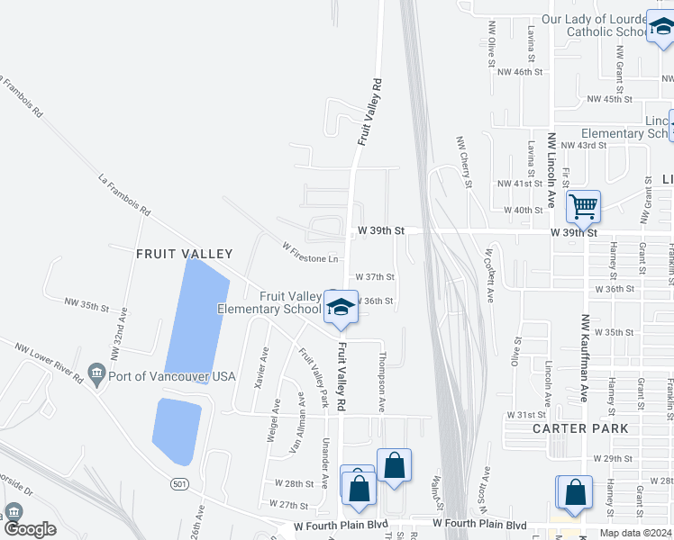 map of restaurants, bars, coffee shops, grocery stores, and more near 3800 Fruit Valley Road in Vancouver