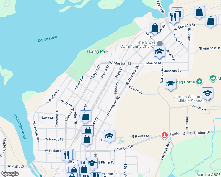map of restaurants, bars, coffee shops, grocery stores, and more near 946 Eagle Street in Rhinelander