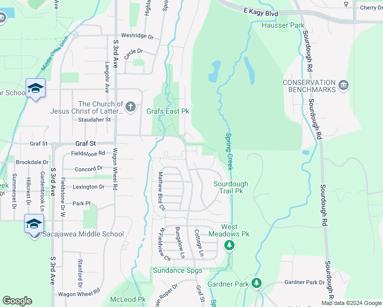 map of restaurants, bars, coffee shops, grocery stores, and more near 3150 Graf Street in Bozeman